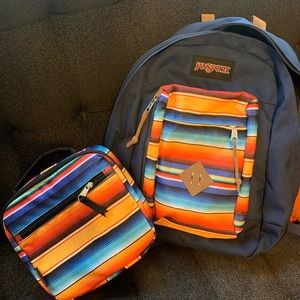 Navy and colorful striped pattern Jansport backpack with matching lunch bag!